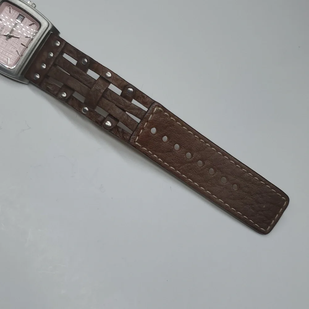Fossil Watch JR8843 Pink Face Brown Woven Leather Band NWOT